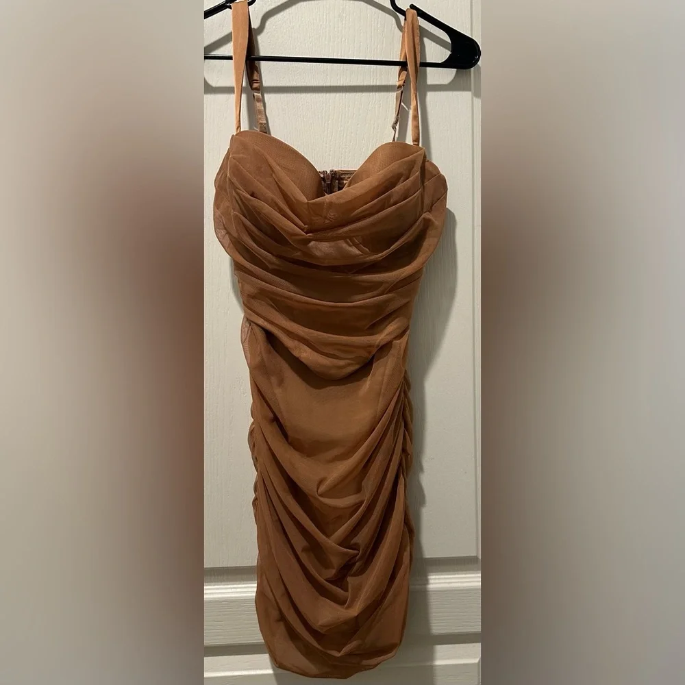 Oh Polly Cindy Strappy Corset Ruched Bodycon  Corset Mini Dress in Brown ZB8 - Picture 3 of 9